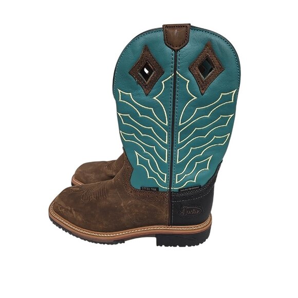 Justin Men's SE4972 Derrickman 11" Steel Toe Waterproof Boot Brown Green 9EE - Picture 4 of 7